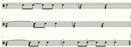 Partitura del patrón rítmico del redoblante - Porro Chocuano
